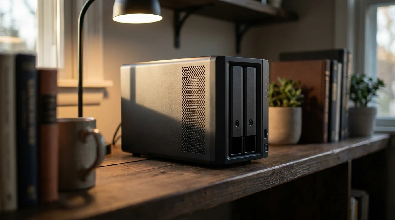 Two-bay NAS enclosure on a wooden home office shelf in warm evening light — illustrative image